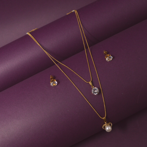 Layered Chain Necklace Set - AjNs50838 - 22K gold layered necklace and earrings  set with twotone and hanging gold balls on earring .